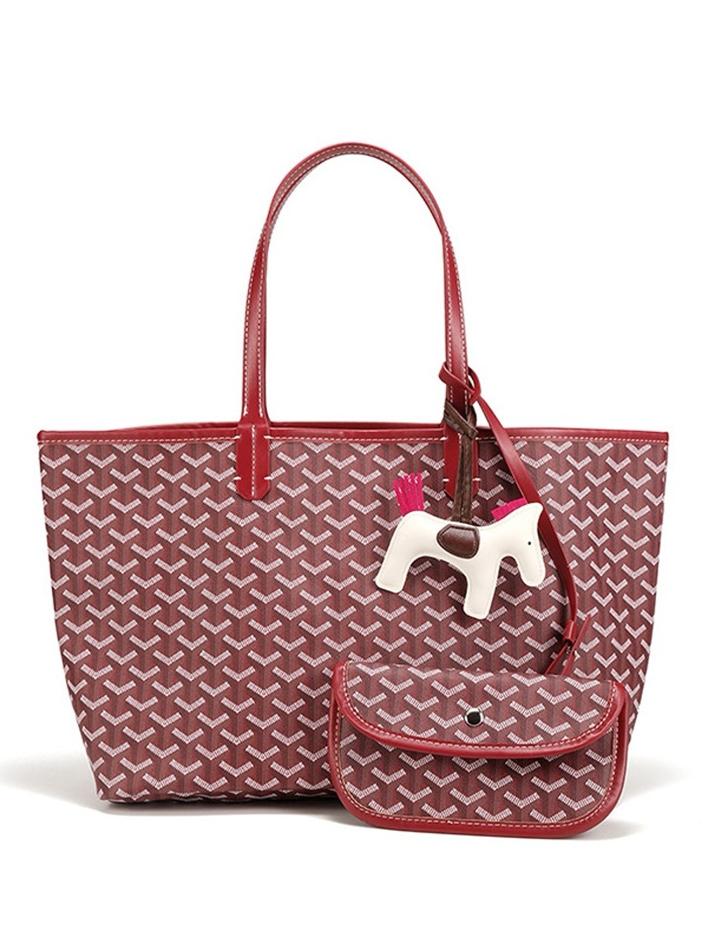 Burgundy Geometric Large Tote Bag Detachable Pouch Go yard Style Faux Leather